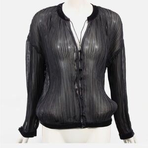 Free People Black Sheer Pleated Button-Up Blouse with Velvet Trim